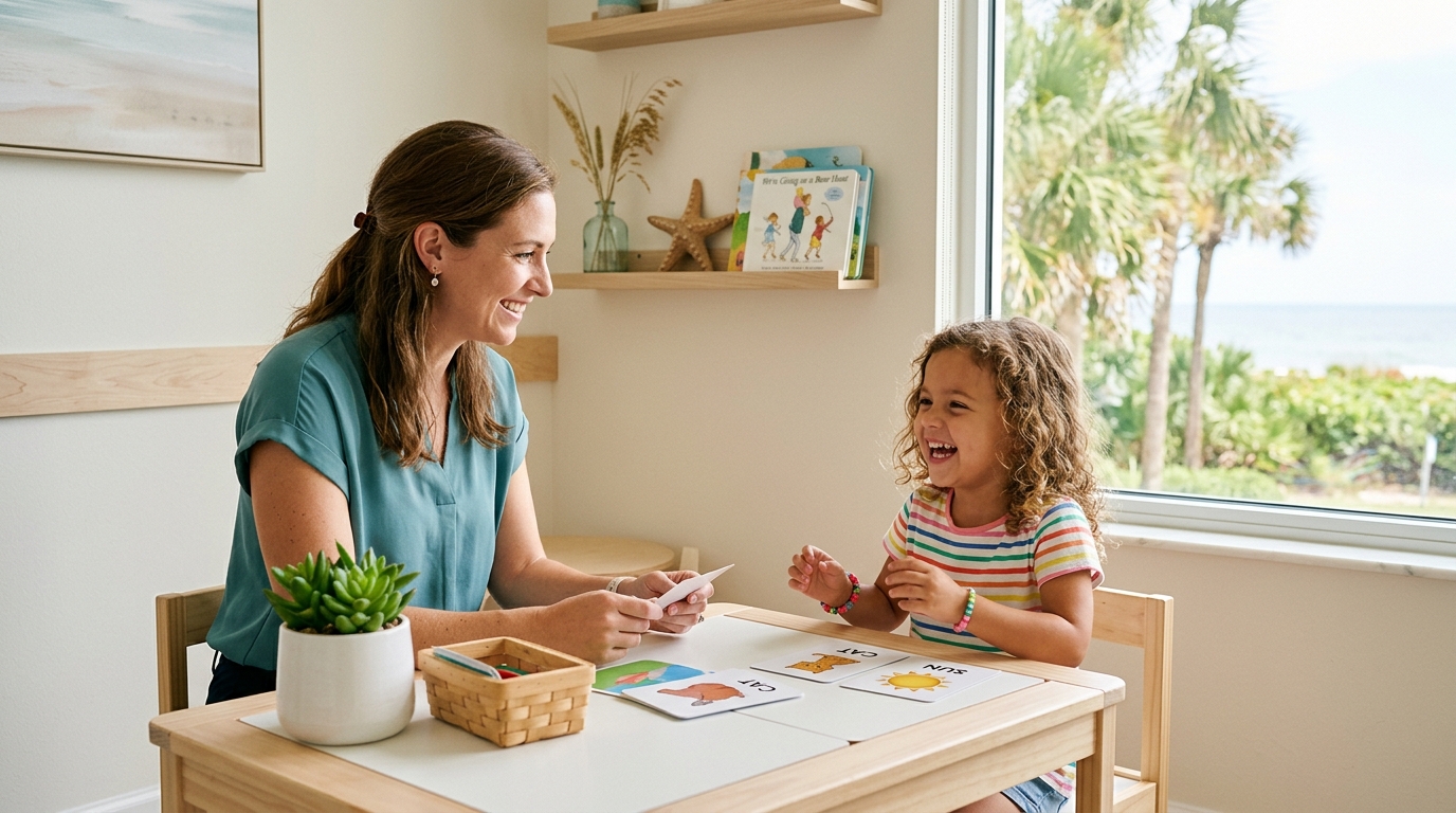 Speech therapist working with a child in a bright, welcoming therapy room